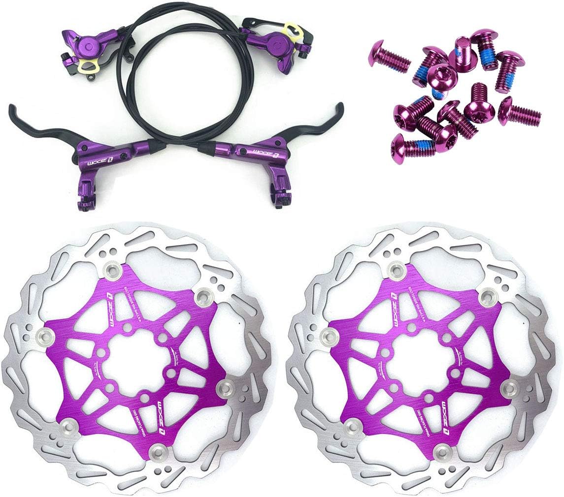 NYK Zoom Hydraulic Disc Brakes Mountain Bike Sets MTB Front & Rear Set with Floating Disc Rotor 160mm & Color Bolts (Purple)