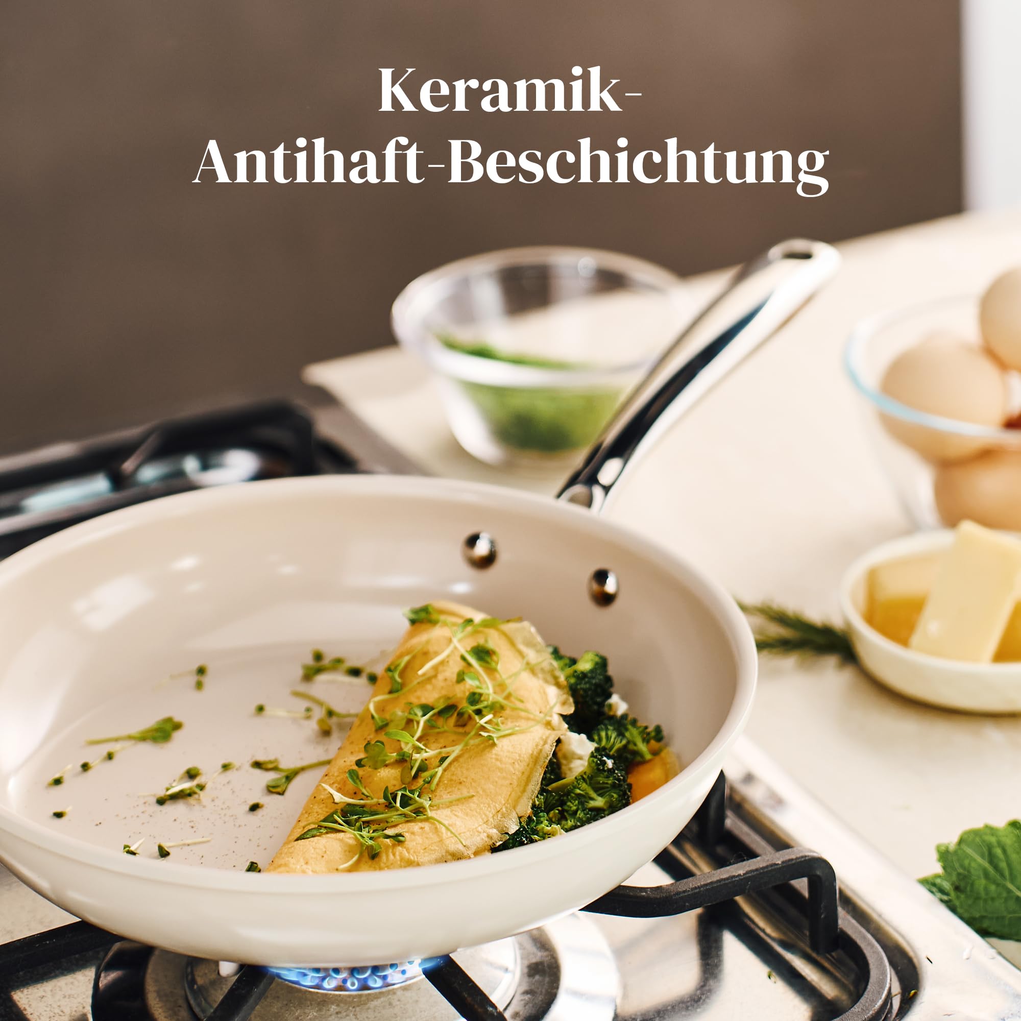 Redchef Set Padelle 3 Ceramica Antiaderenti, 3 Padelle 20/24/28 Cm Con Antiaderenti In Alluminio, Batteria Pentole Induzione Per Tutti I Piani Cottura,Senza Ptfe, Pfas, Pfoa, Adatte Per Forno, Beige