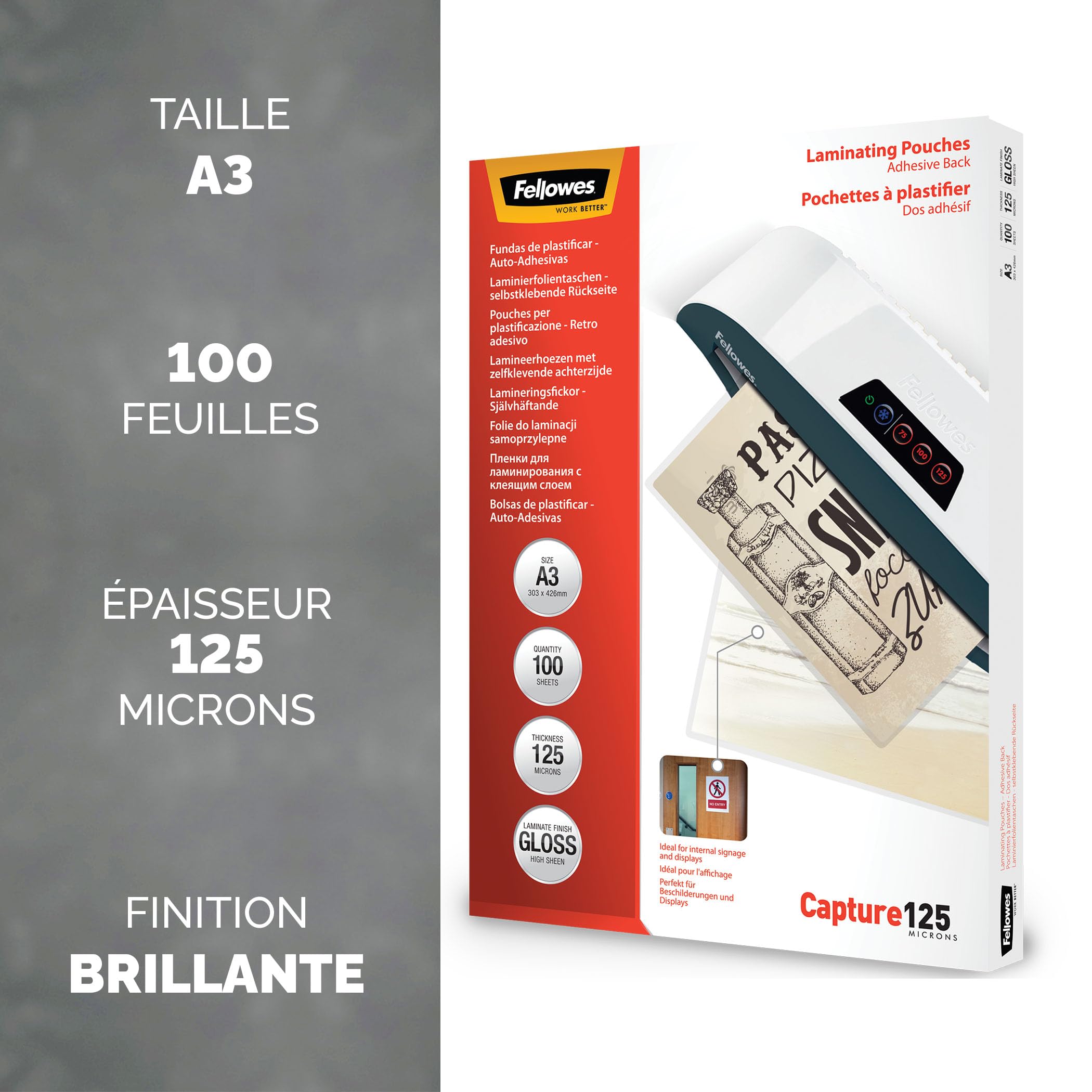 Fellowes Pochettes De Plastification A3 Autocollant Capture 125 microns A3, Lot de 100, Transparent