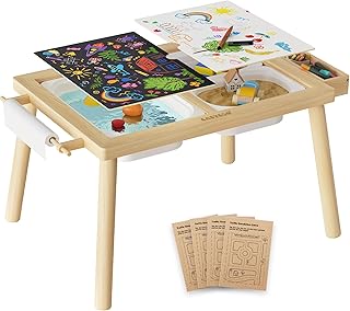 Easyego Wooden Sensory Table – Multifunctional Sand & Water Table with Double-Sided Lid, Paper Roll, Storage Box, Transparent & Game Board, and Foldable Bins for Kids' Indoor & Outdoor Play