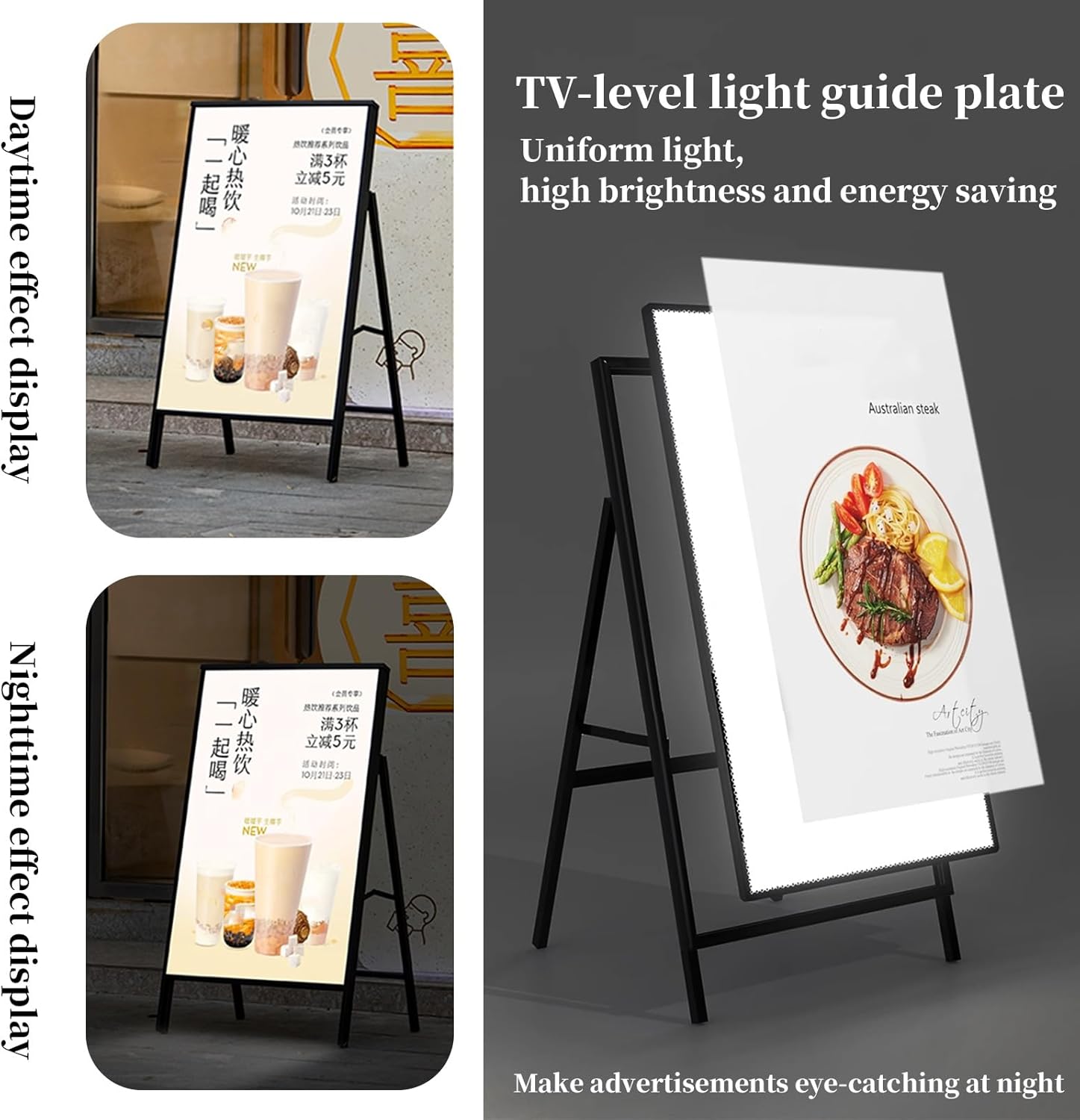 FORRTY A4 Perspex Display Stand Illuminated Poster Display LED Restaurant Menu Board Highly Transparent Glass Panel,Folding Design,Load-bearing Capacity 60kg, Can Be Directly Plugged In Or Charged(Soc