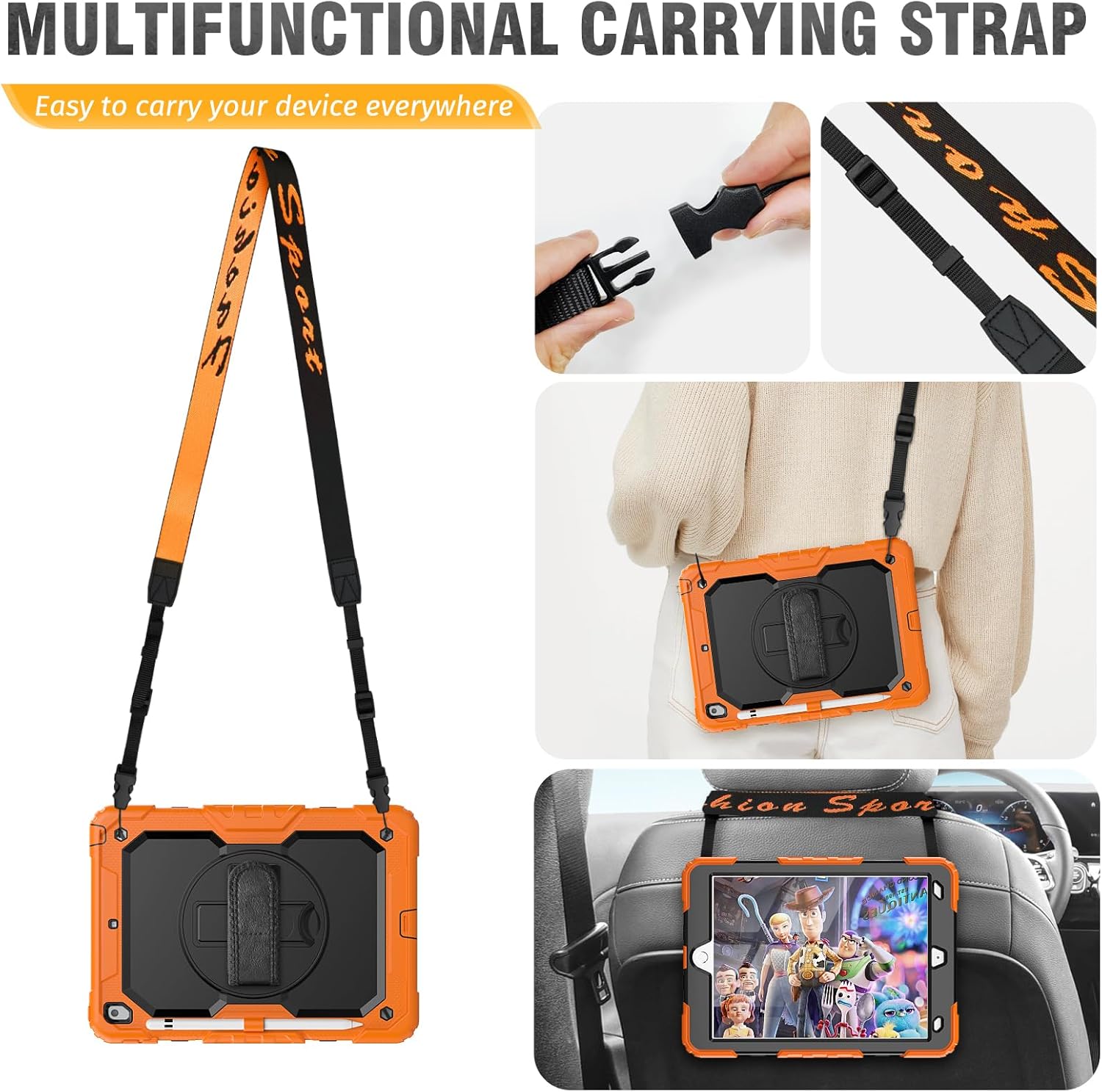HXCASEAC Case for iPad 9th/8th/7th Generation 10.2 inch, with Pencil Holder, Screen Protector, Hand Strap, Heavy Duty Protective for iPad 9/8/7 Case 10.2-inch 2021/2020/2019, Orange