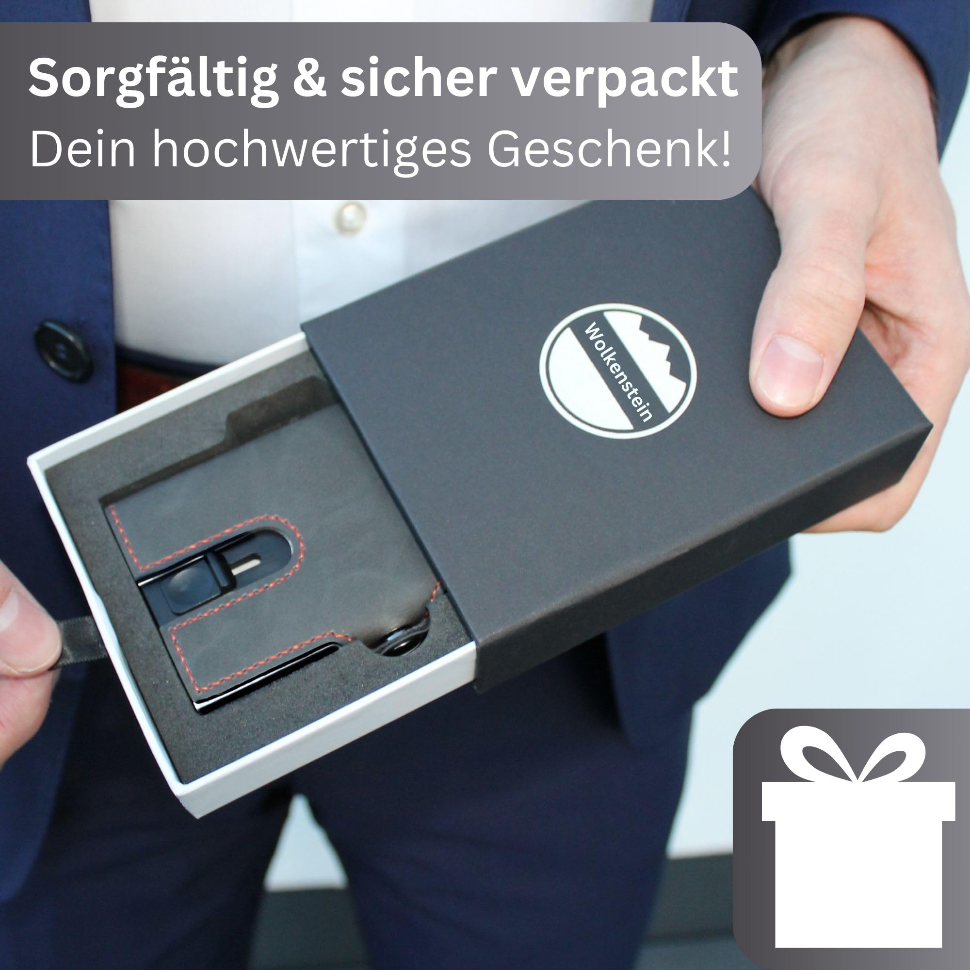 Wolkenbach - Porta carte di credito in pelle con scomparto per monete, da uomo, porta carte di credito, portafoglio sottile, in vera pelle, protezione RFID, Nero con cucitura rossa, s, Compatto