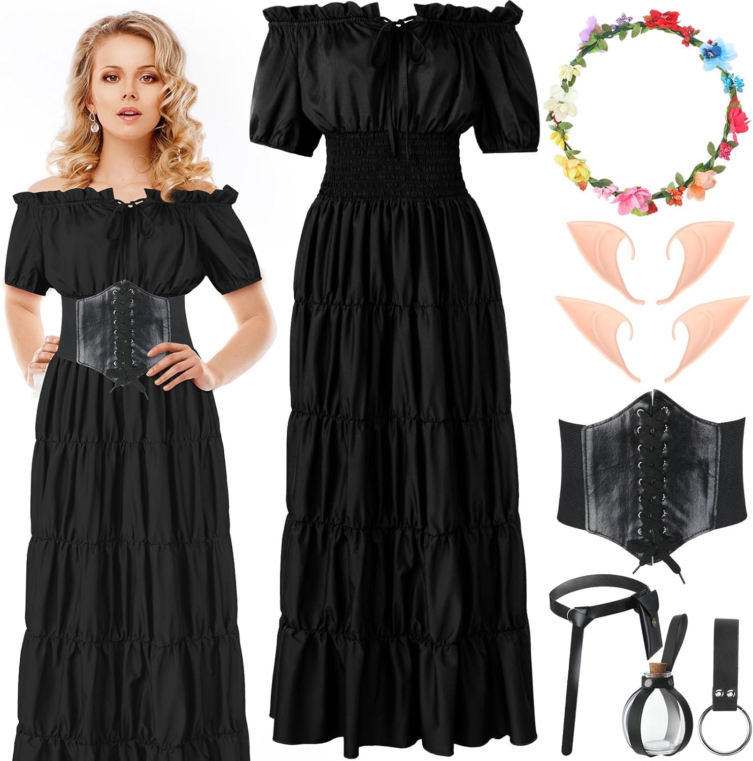 Ramede 9 Pcs Medieval Fairy Renaissance Costume Accessories for Women Elf Dresses Irish Witch Costume Outfit Medium Black