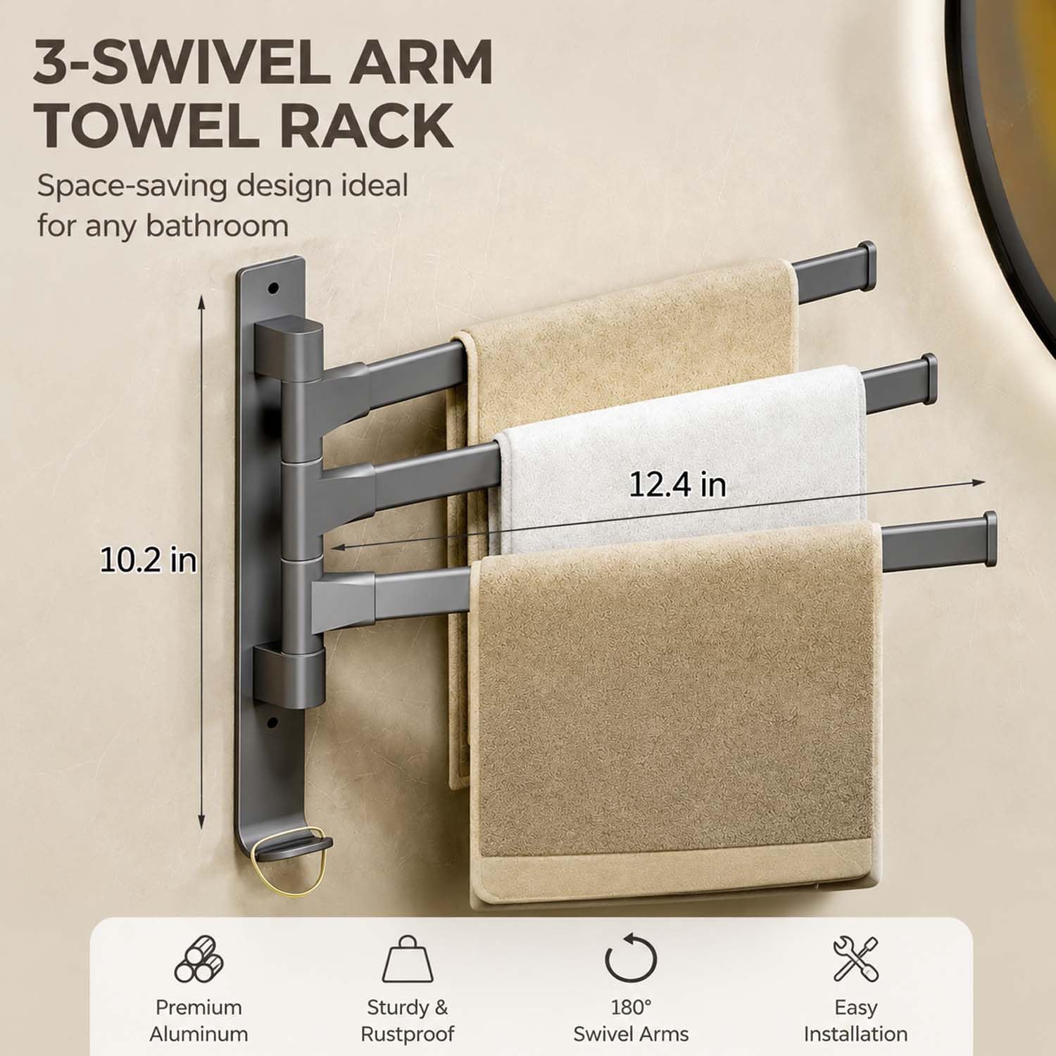 2-5 Arms Swivel Towel Rack Bath Towel Holder with Hook Swing Arm Towel Rack Wall Mount for Bathroom Kitchen-Grey 3Arm image 5