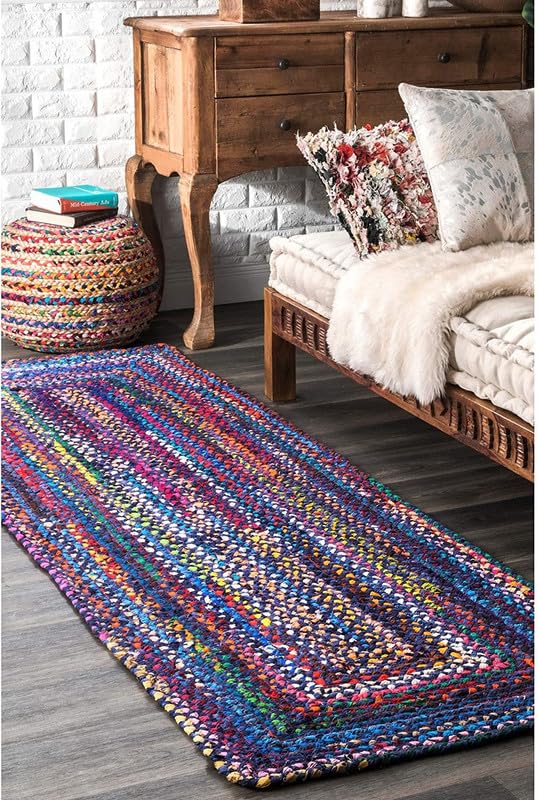Tapis bohème chic en jute naturelle tressé à la main – Décoration rustique pour salon, salle à manger et chambre à coucher – Bleu ombré – 7,6 x 4,6 m