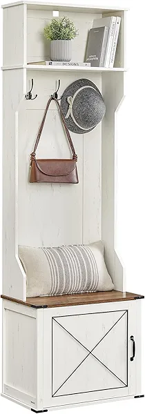 VASAGLE Hall Tree with Bench and Shoe Storage, Coat Rack with Shoe Bench, Entryway Furniture, 3 Tri-Hooks, Door with Handle, Farmfouse Style, Space Saving, Rustic White and Honey Brown UHSR441W01