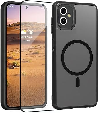 Magnetic for Samsung Galaxy A05 Phone Case with Screen Protector, Translucent Matte Military-Grade Shockproof Protective Anti-Scratch Full Camera Protection Cover Case for Galaxy A05 Black
