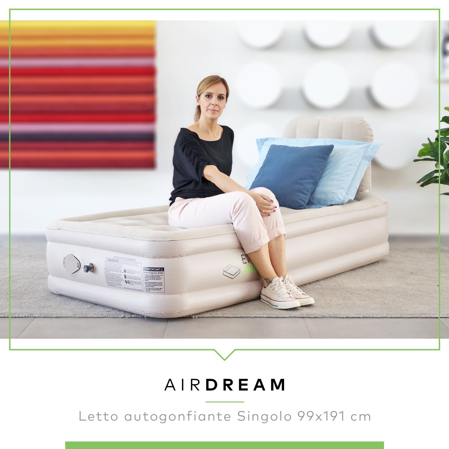 EVERGREENWEB - Materassino Gonfiabile da campeggio singolo con Pompa Incorporata, Autogonfiante Alto 40cm - Misura 99x191cm con schienale. Materasso per esterno e interno - Borsa inclusa - AIRDREAM
