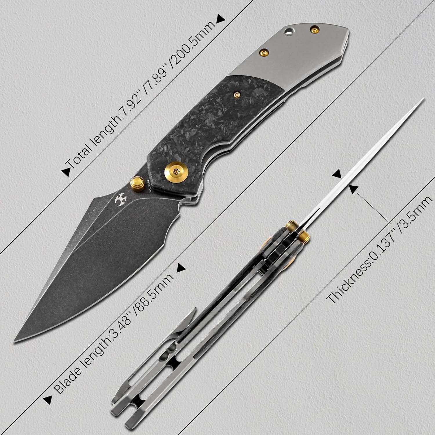 KANSEPT Fenrir Pocket Knife, 3.48" Blackwash CPM S35VN Harpoon Blade, Titanium Handle Shred Carbon Fiber Inlay, Thumb Stud & Liner Lock with Deep Clip EDC Knives for Camping Hunting Survival K1034A1