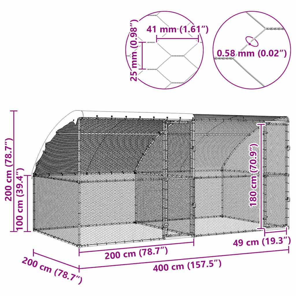 Hühnerkäfig Freilaufgehege Silber 400 x 200 x 198.5 cm Verzinkter Stahl 2 Türen