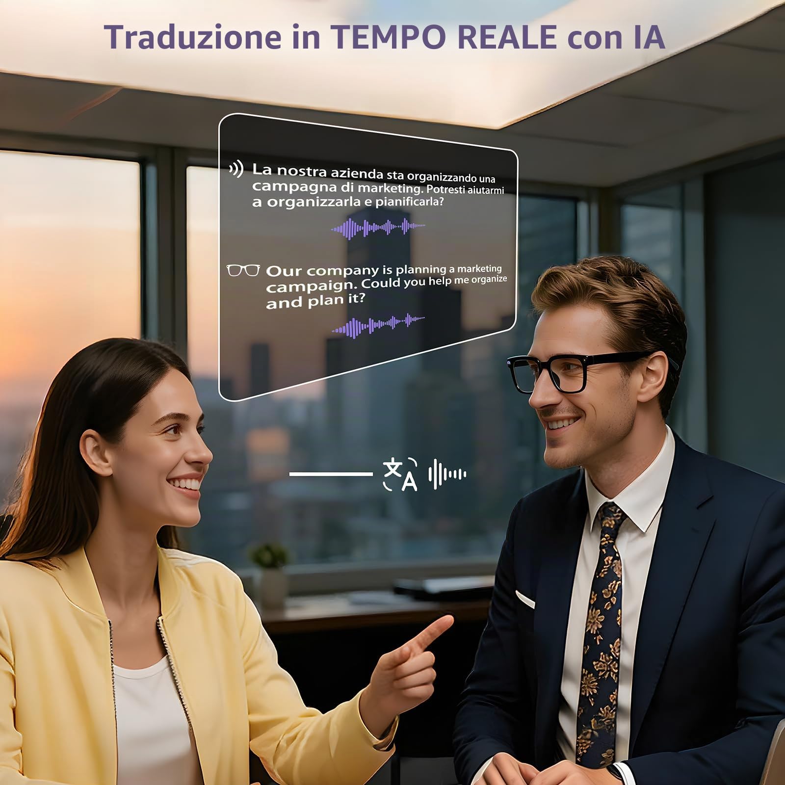 Occhiali con Telecamera HD 8MP, Video, Traduzione in Tempo Reale | Lenti Fotocromatiche, Assistente AI ChatGPT, Musica, Filtro Luce Blu, 110+ Languages, per Outdoor Ciclismo Viaggi