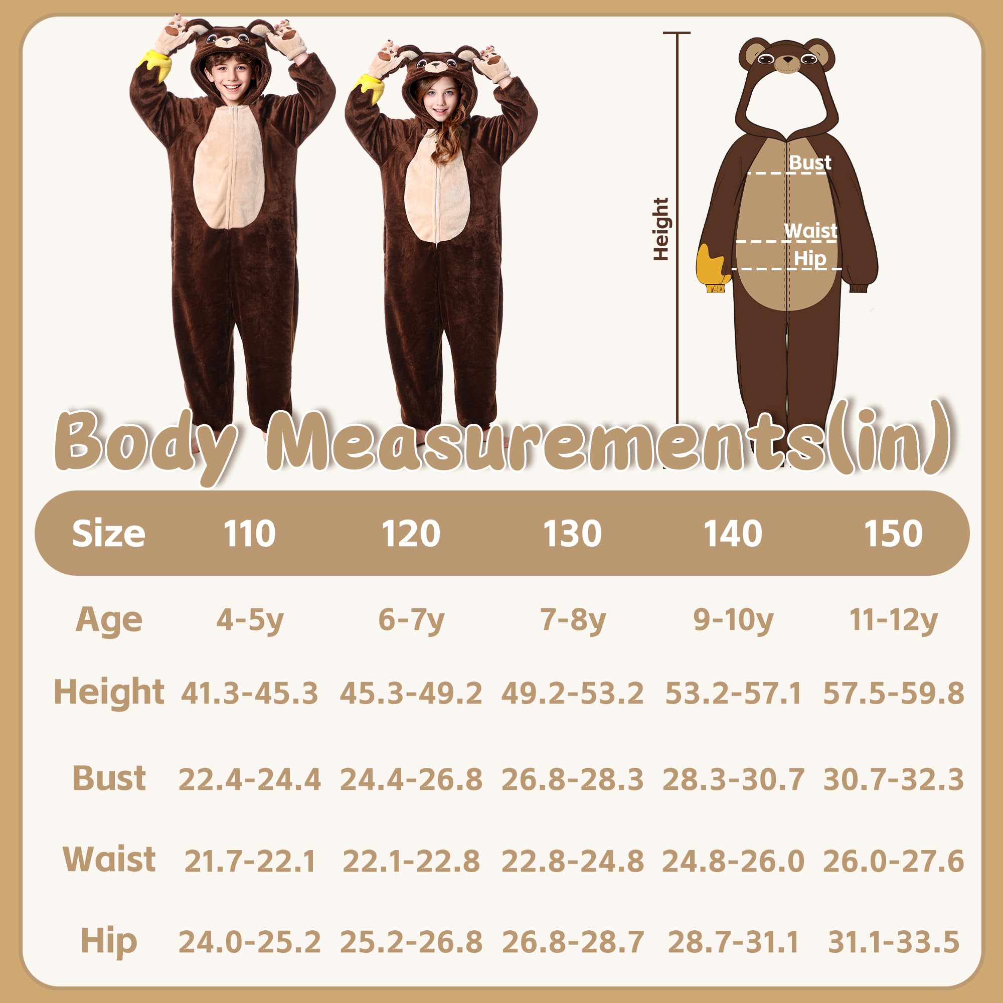 Tuta intera costume animale per bambini, modelli mucca, procione e orso con guanti e campanello, tuta cosplay Halloween per maschi e femmine (Orso, 4-5 Anni)