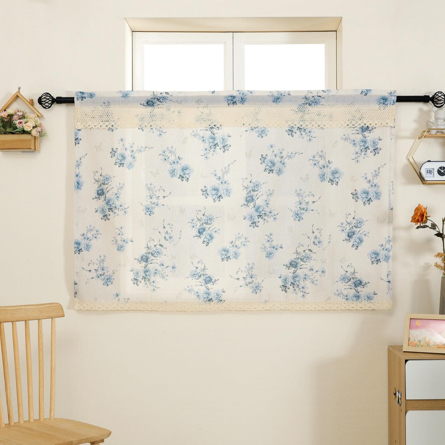 Farmhouse Cotton Linen Tier Curtain 36 Inch Long Elegant Floral Lace Window Treatment Kitchen Bathroom Short Curtain, 1 Panel, Hydrangea & Rose