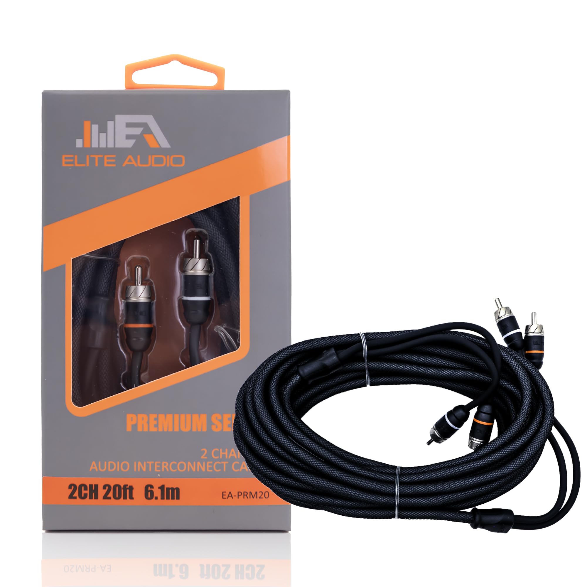 Elite Audio Premium Series 20ft. 2-Channel Car Audio RCA Cable – Double Shielded, Oxygen Free Copper, Noise Reducing Audio Cable for Amplifiers,