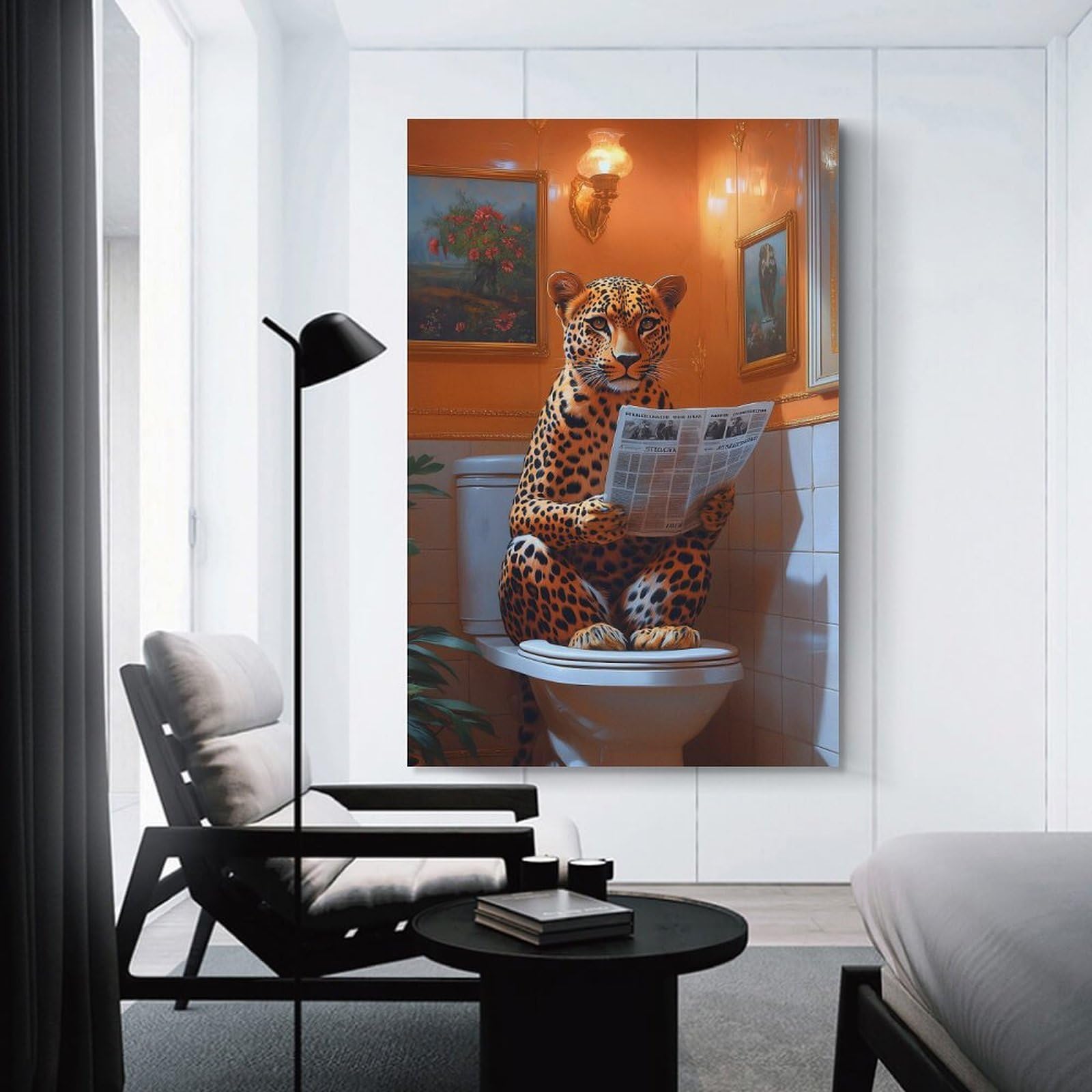 Junmoney Leopard Reading Newspaper Toilet Canvas Art Print 12x18inch(30x45cm), for New Homes, Bedrooms Or Workspaces, Gift Idea for Housewarming And Birthdays