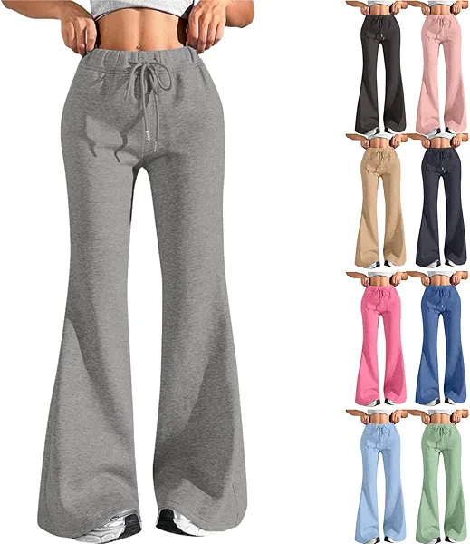 Grey Pants Womens Sweatpants Flare Yoga Pants with Pockets Elastic Waist Drawstring Workout Joggers Trendy Fashion Fall Clothes Gray L