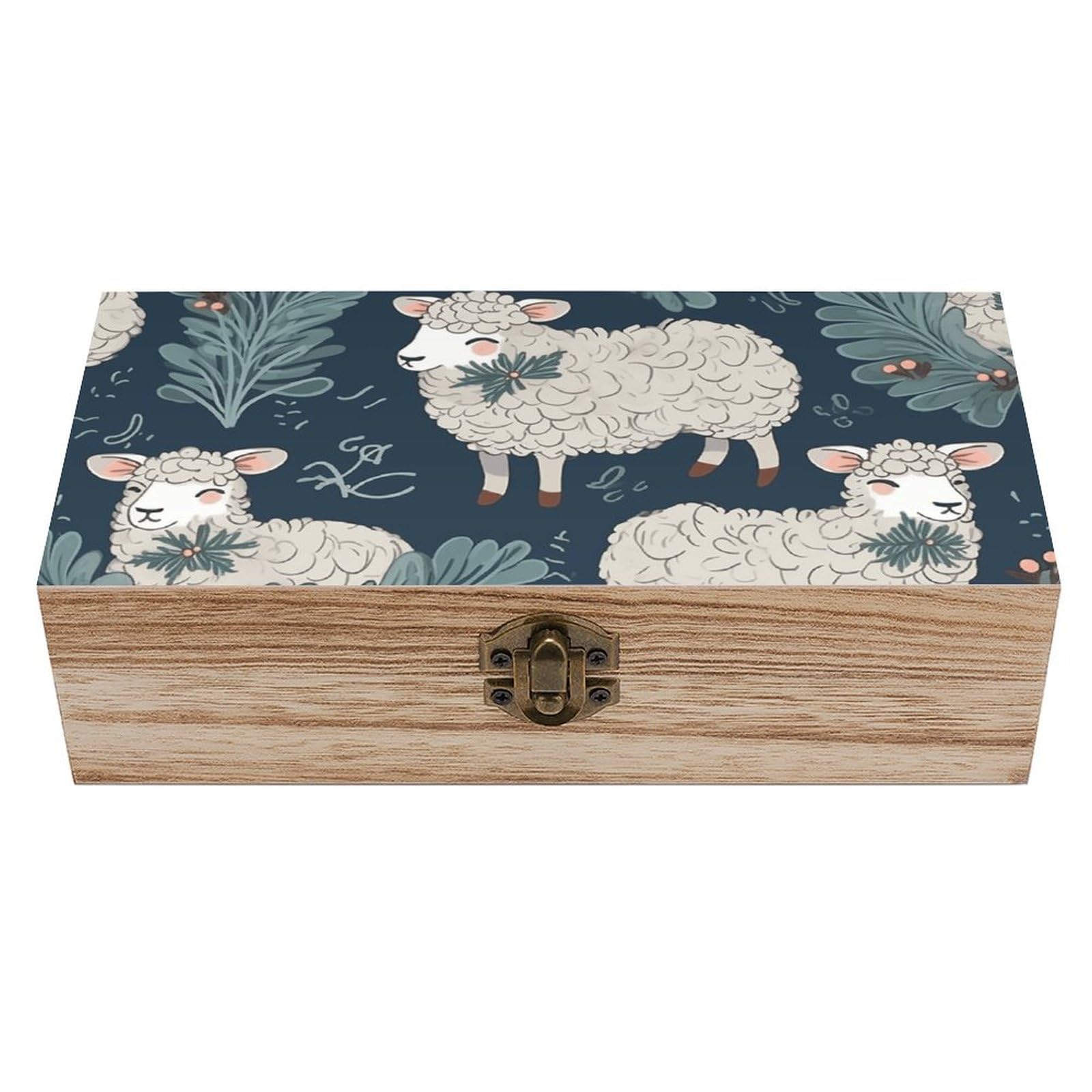 JTREHY Wooden Storage Box Container,Sheep And Holly Treeprinted Desk Storage Box Room Decoration Box Souvenir Storage Box for Jewelry Gift Storage And Home Decoration