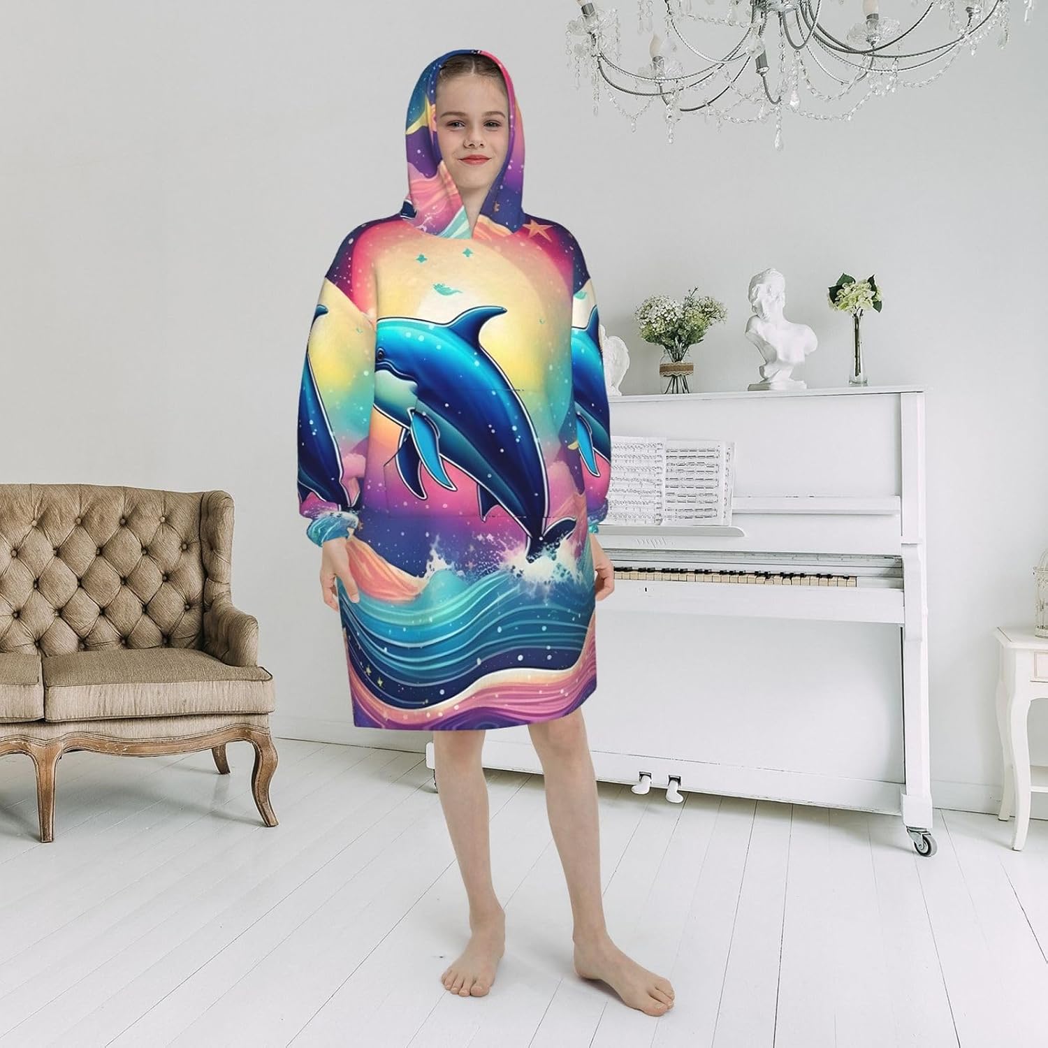 Colorful Starry Sky Ocean Dolphin Print Oversized Blanket Hoodie, Wearable Blanket Hooded,Hooded Pullover With Pocket