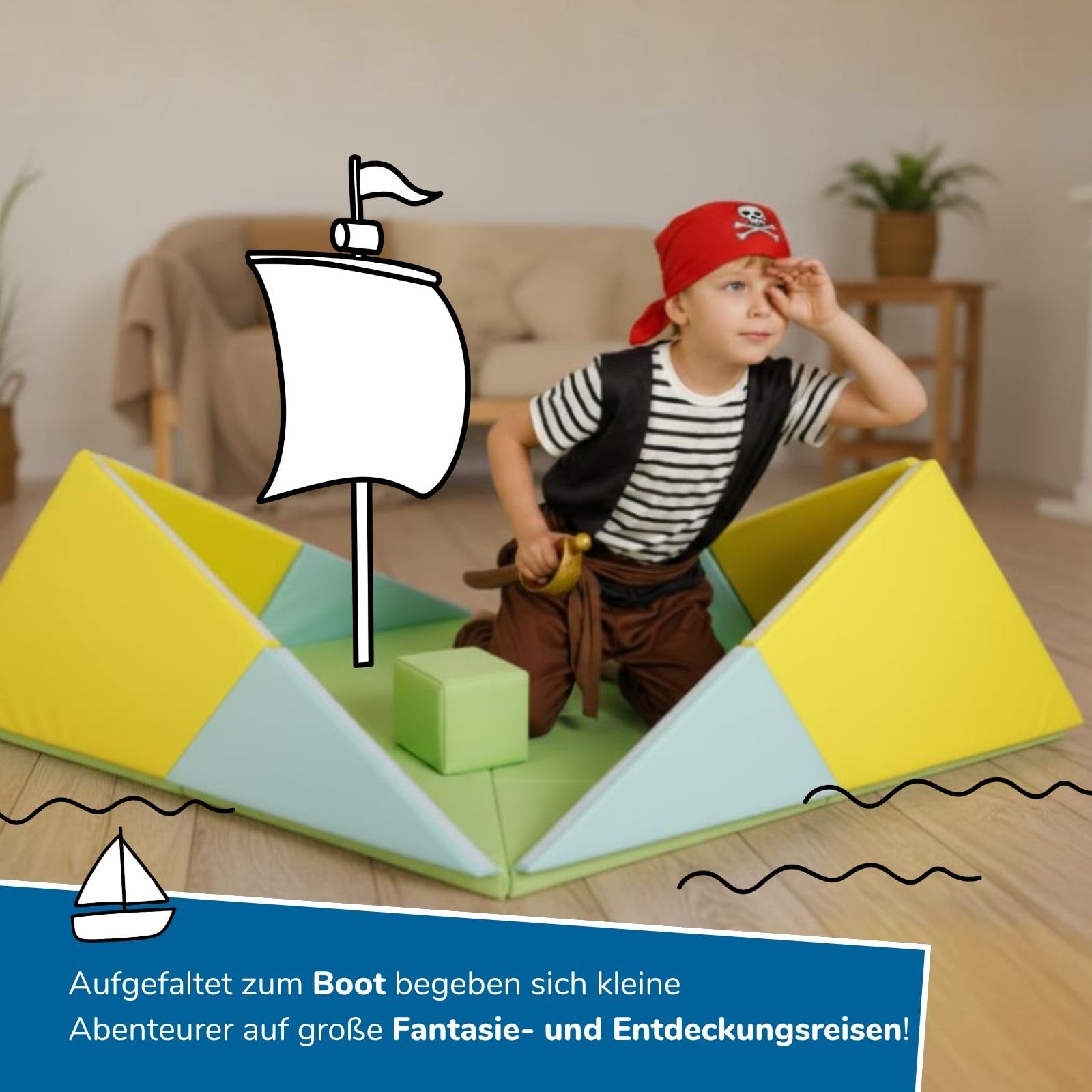alldoro Faltbare Spielmatte 3-in-1, Krabbelunterlage, Tipi-Zelt & Spielboot | abwaschbares Kunstleder, weich gepolstert, 182 x 105 cm, Krabbelunterlage, Tipi-Zelt & Spielboot, Für Kinder ab 0 Jahren