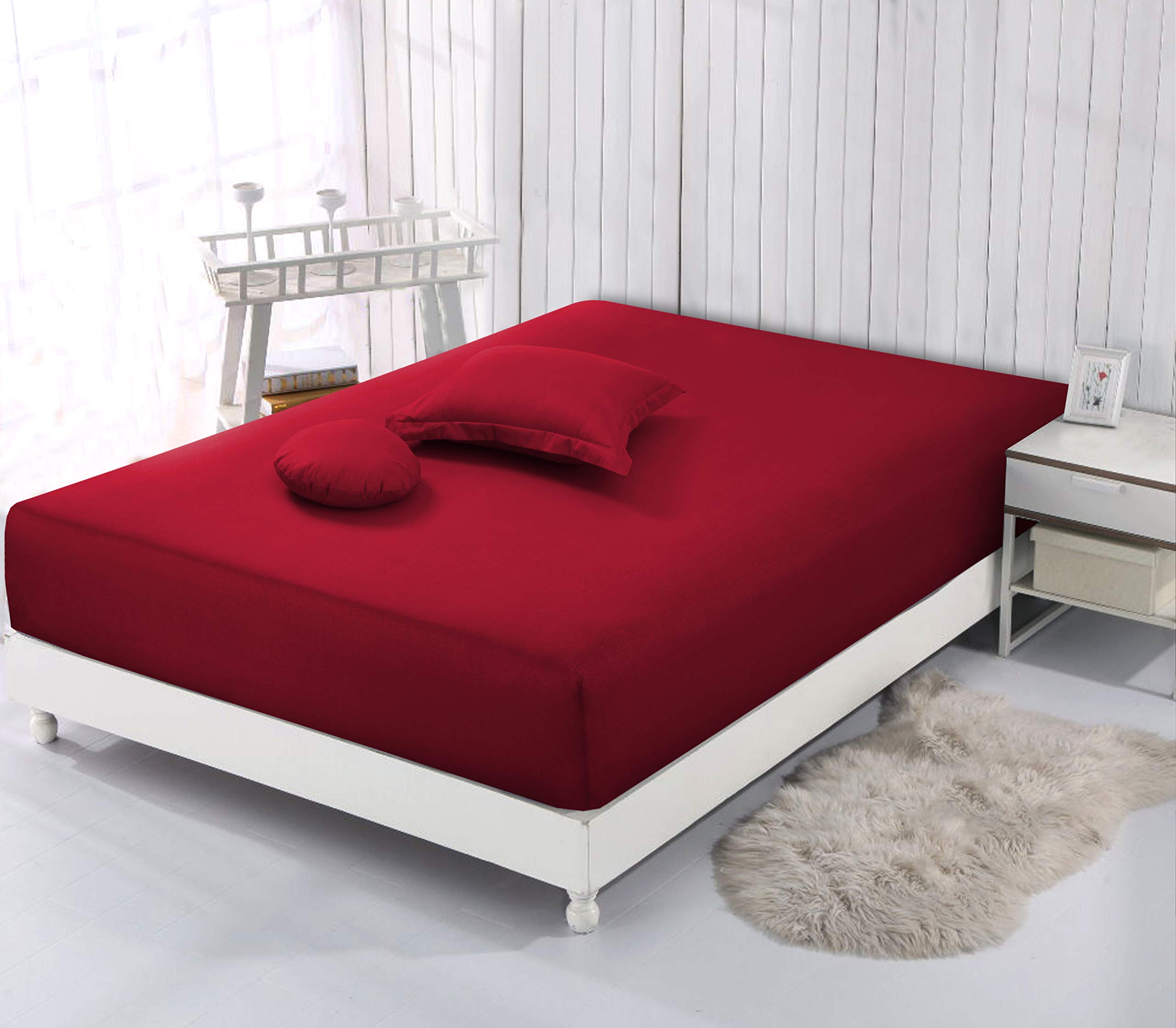 VISION Lenzuolo con angoli matrimoniale, 2 persone Kingsize, 200 x 200cm con altezza da 30cm, Rosso, 100% Cotone
