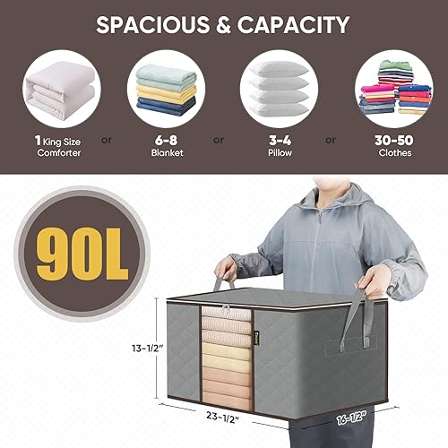 Miniatura 4 de BALEINE Paquete de 8 bolsas de almacenamiento de ropa, contenedores de almacenamiento de 24 galones con asa reforzada, cremallera resistente,