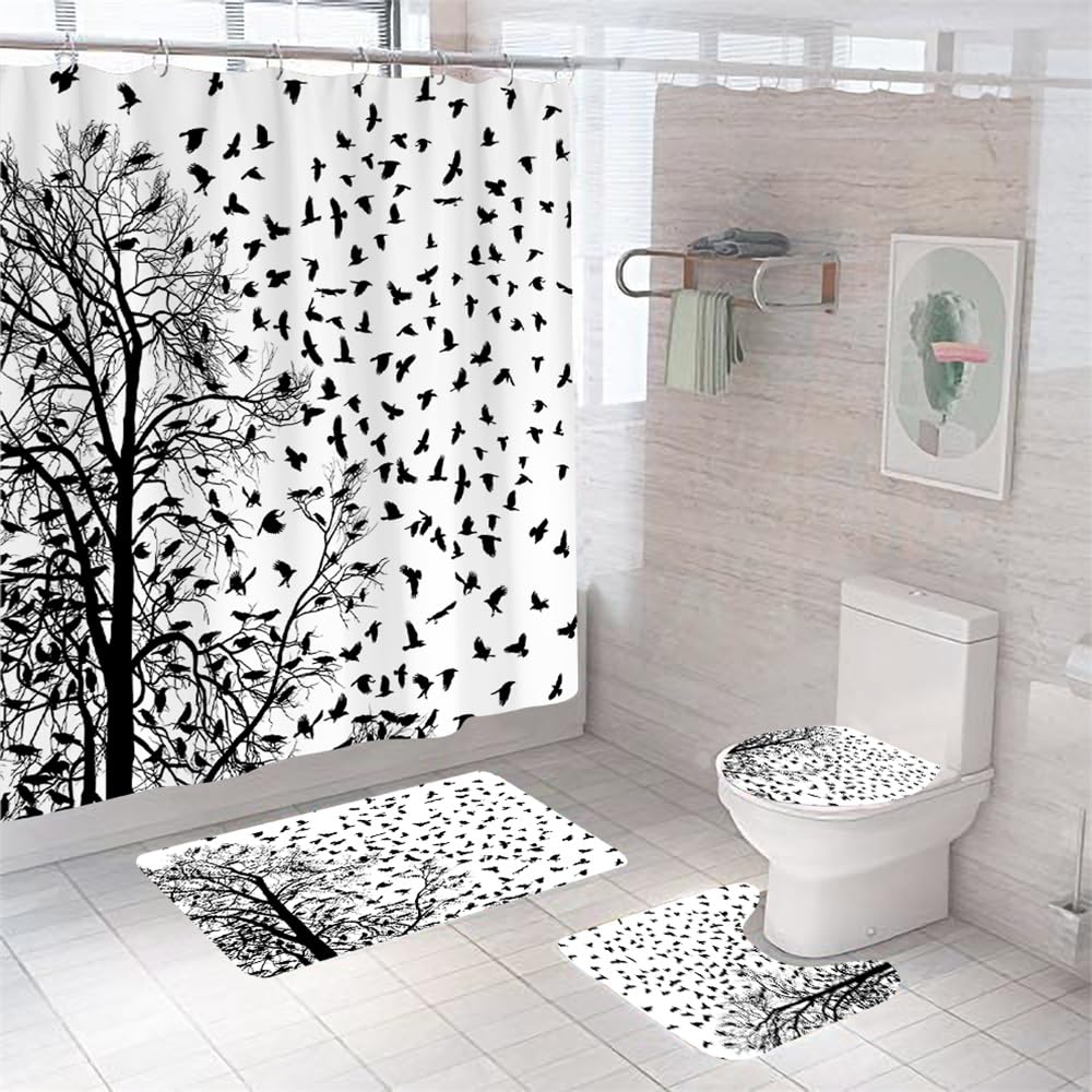 Alfombra Baño Árbol Blanca Y Negro Juego De 4 Alfombras Lavable,Secado Rapido - Baño*1+Tapa del Inodoro*1+ Alfombra*1 Tipo U+Cortinas 180X180 50×80Cm