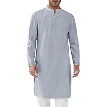 Mens Kaftan Thobe Textured Henley Shirt Long Sleeve Robe Casual Muslim Gown Shirt