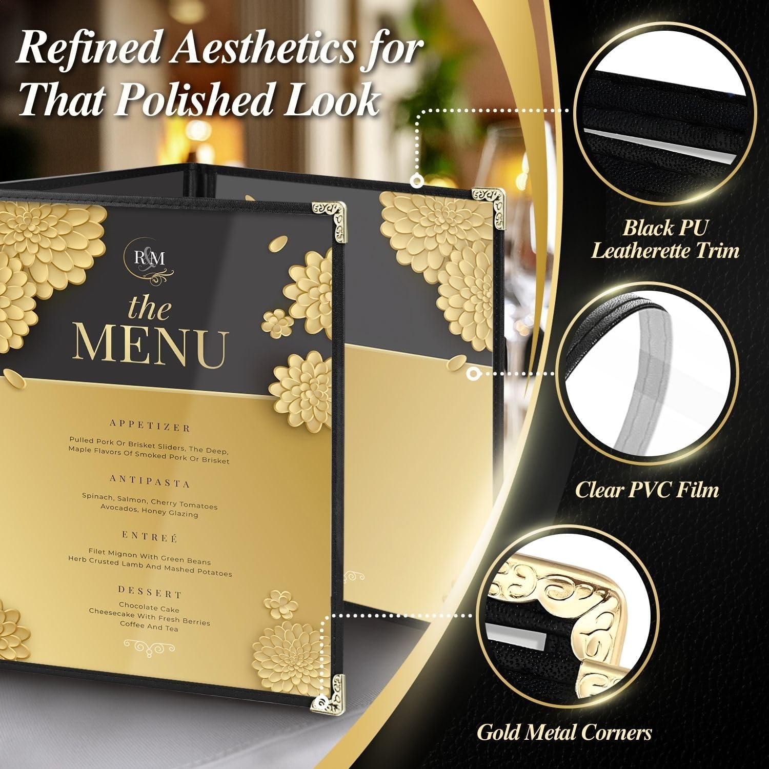 Flexzion Trifold Menu Covers 8.5 x 11 Inch (12 Pack) - Triple Stitched Menu Holder with 3 Pages 6 Views - Transparent Clear Menu Book Covers with Gold Metal Corner for Restaurant, Hotel, Cafe