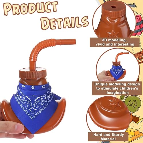 Miniatura 3 de Gerrii 12 tazas de sombrero de vaquero con tapas y pajitas, vasos de plástico de 10 onzas para fiestas temáticas occidentales con mini bandanas para