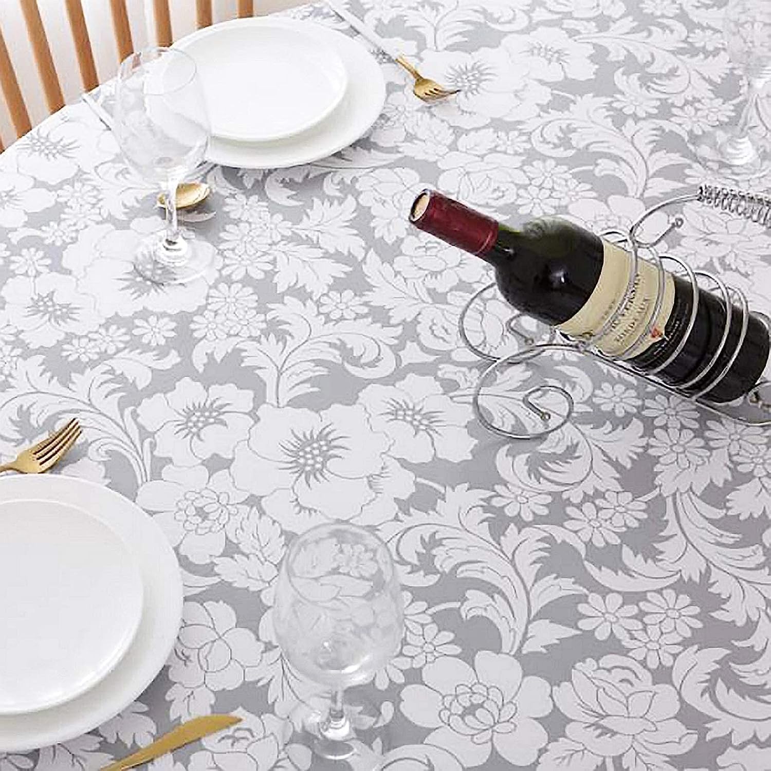 GRISHA Waterproof Round Tablecloth,Elastic Edged Fitted,Oilcloth,PVC,Wipeable,Outdoor circular plastic cover. (Grey Flowers, 95x112cm) - Image 2