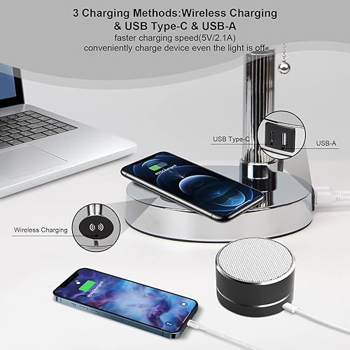 Miniatura 3 de FIRVRE Lámpara de escritorio de cristal blanco con cargador inalámbrico y puerto de carga 2USB, interruptor de cadena con base de metal, moderna