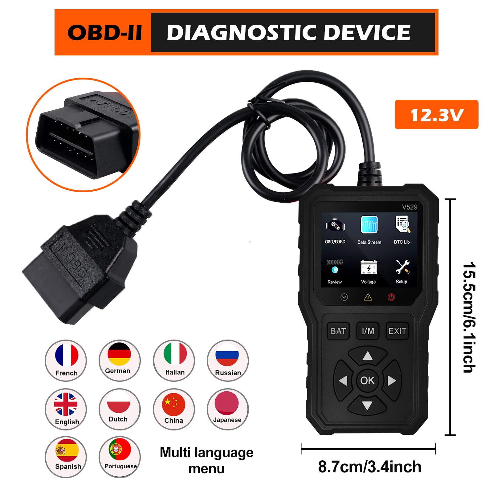 V529 OBD2 profesjonalne urządzenie diagnostyczne do samochodu, z czytnikiem kodów błędów, OBD do wszystkich pojazdów, urządzenie diagnostyczne z wyświetlaczem danych na żywo i resetem silnika