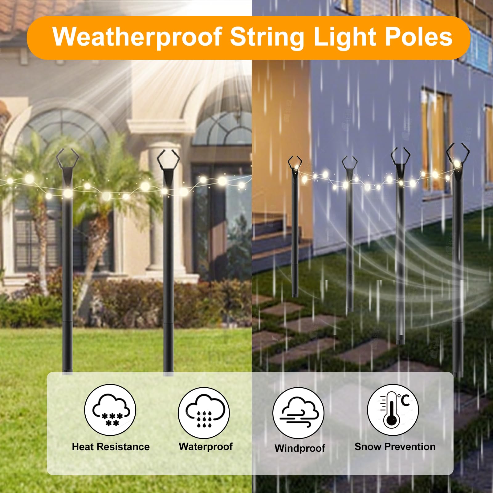 4 postes de luz de cadena, postes de luz de hierro resistente de 10 pies para exteriores con tenedor, poste de altura ajustable para exteriores, jardín, patio, terraza, patio trasero