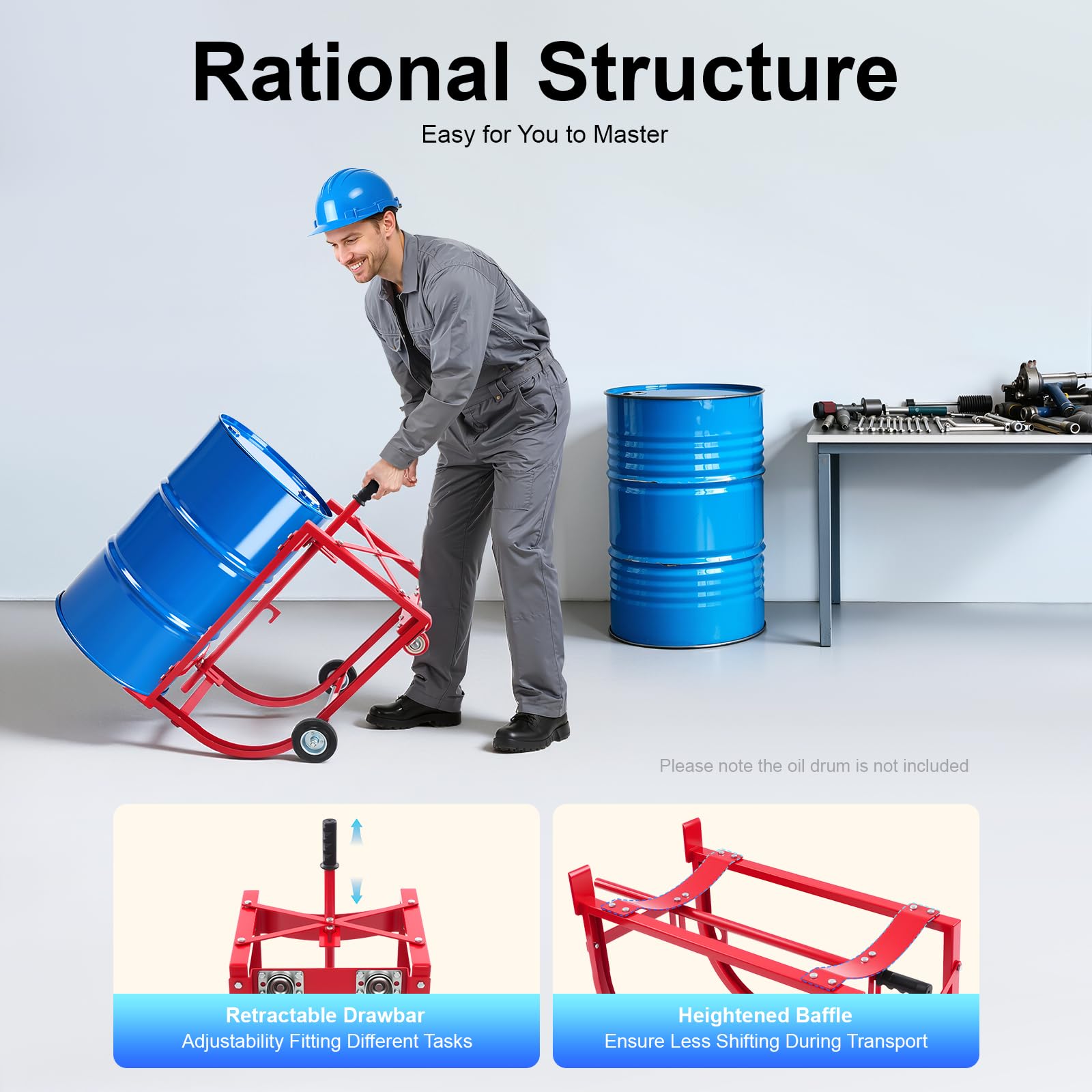 Carrello per fusto industriale, supporto barile a ruote, movimentazione barile olio, acciaio robusto, carico 600lbs, movimento officina Garage Magazzino, 55 Gal, Rosso