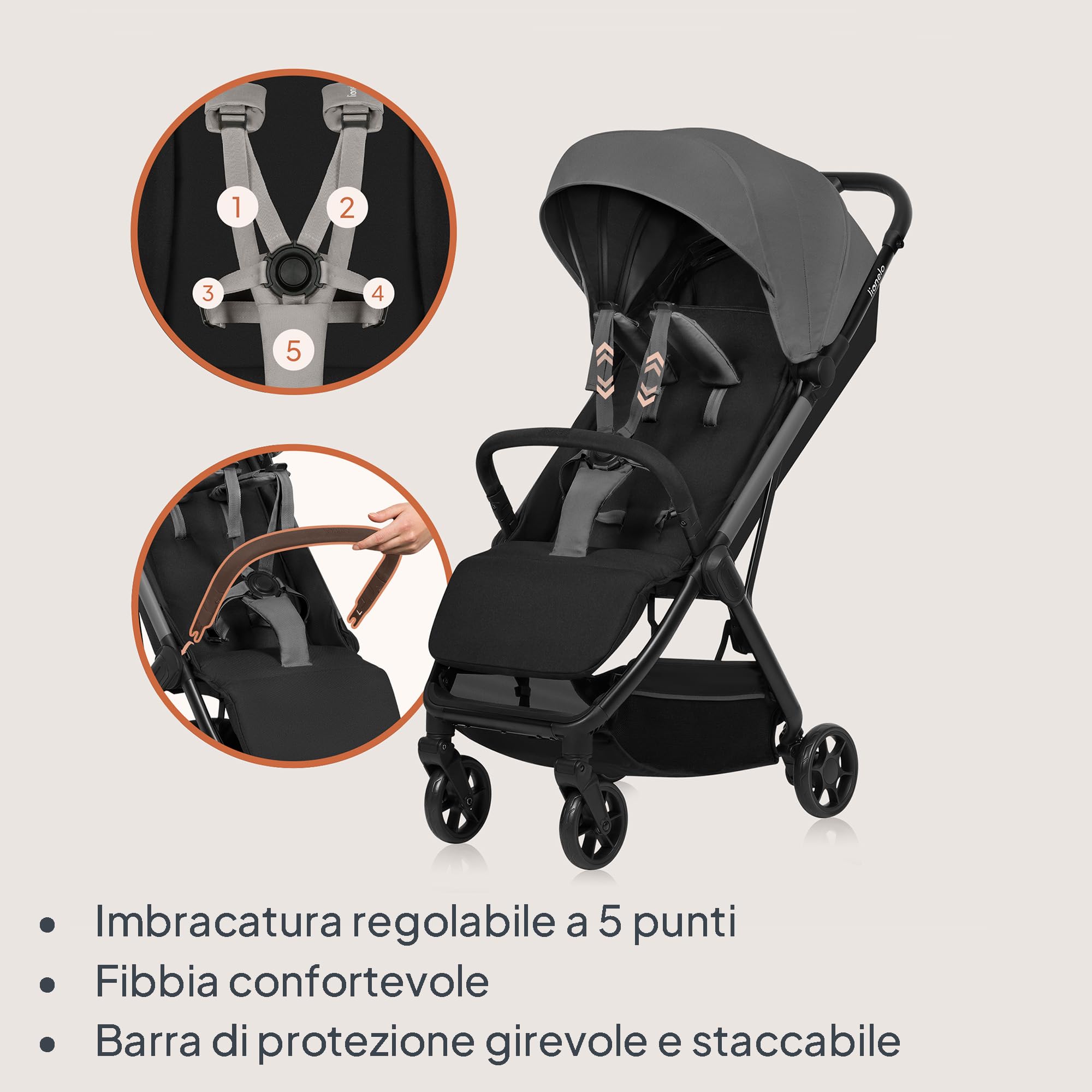 LIONELO Julie Air Passeggino da Viaggio per Aereo Pieghevole fino a 22 kg | Da 6 Mesi a 4 Anni, Leggero, Ruote Girevoli 360°, Sospensione, Chiusura a Una Mano, Schienale Regolabile, UPF50+
