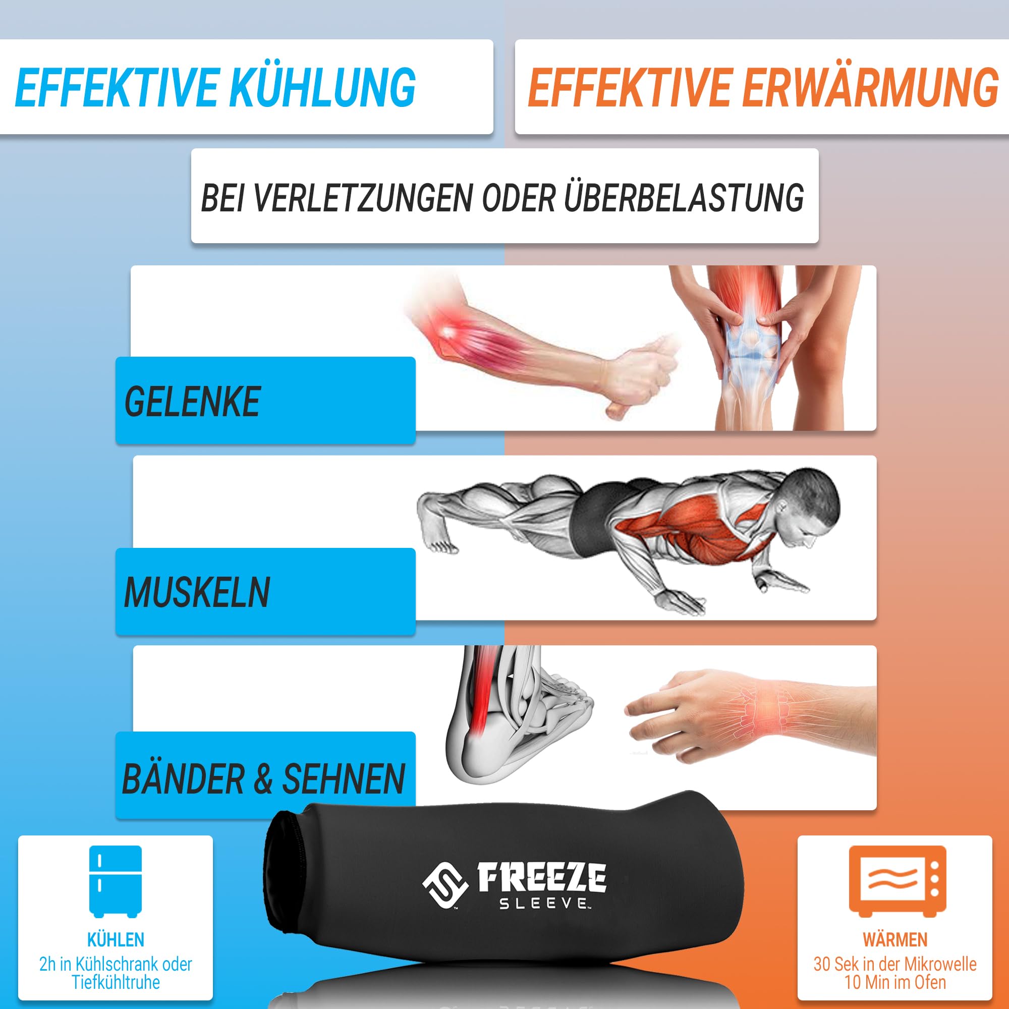 FREEZE SLEEVE Kühlbandage mit Wärmefunktion. Wiederverwendbar und hält von selbst mit 360° Wirkung Kühlpack für Knie Ellbogen Gelenke hilft bei Tennisarm Knieschmerzen