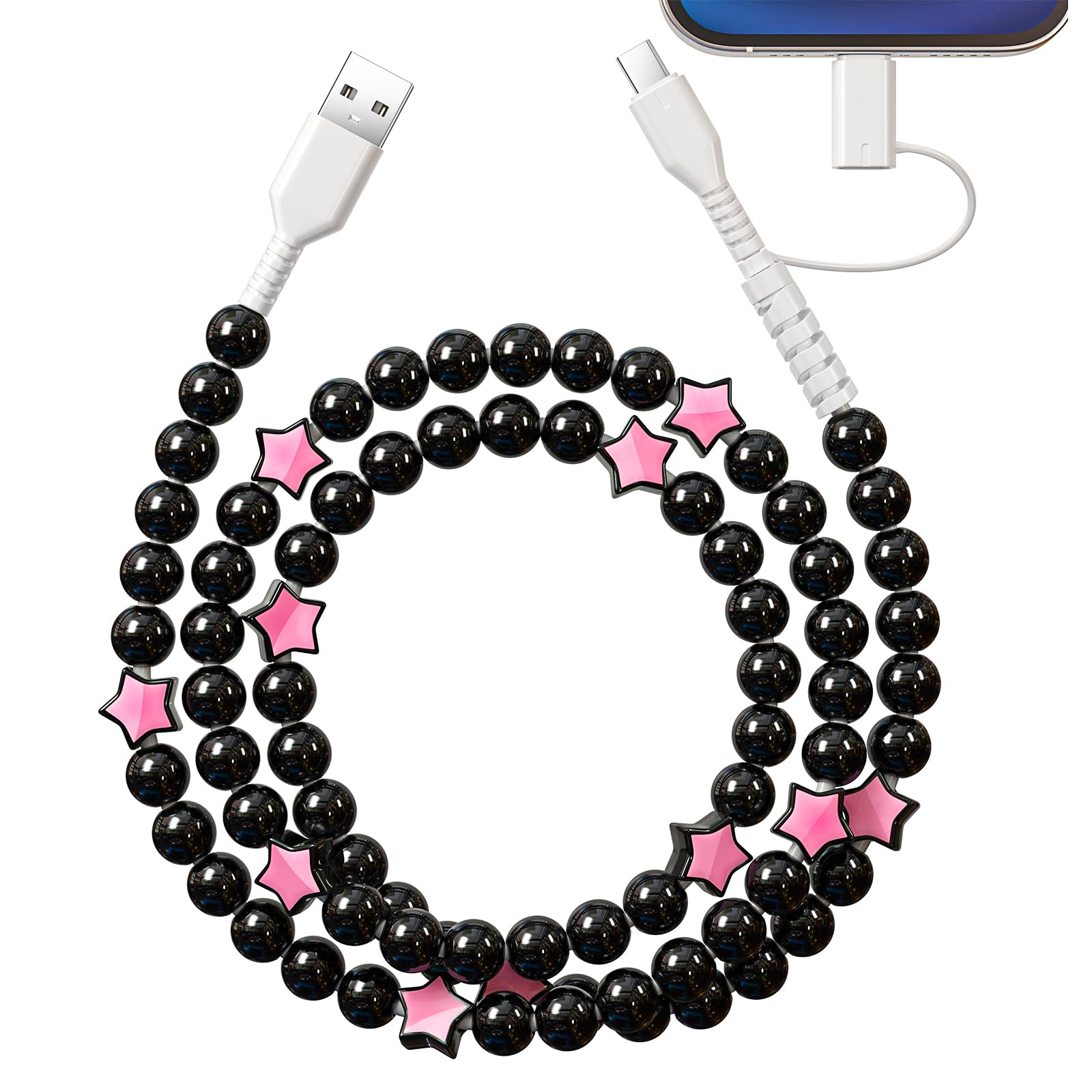 VOFUOE USB C Kabel für iPhone 17 Ladekabel USB A auf Typ C Kabel 2 in 1 Multi Ladekabel Star Beaded Charger Cable 3.3FT Fast Charging for iPhone 16/15, Galaxy S24/S25 Ultra-Black & Pink