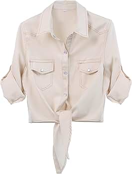 SeekMe Womens Denim Shirts Tie Front Crop Top Button Down Chambray