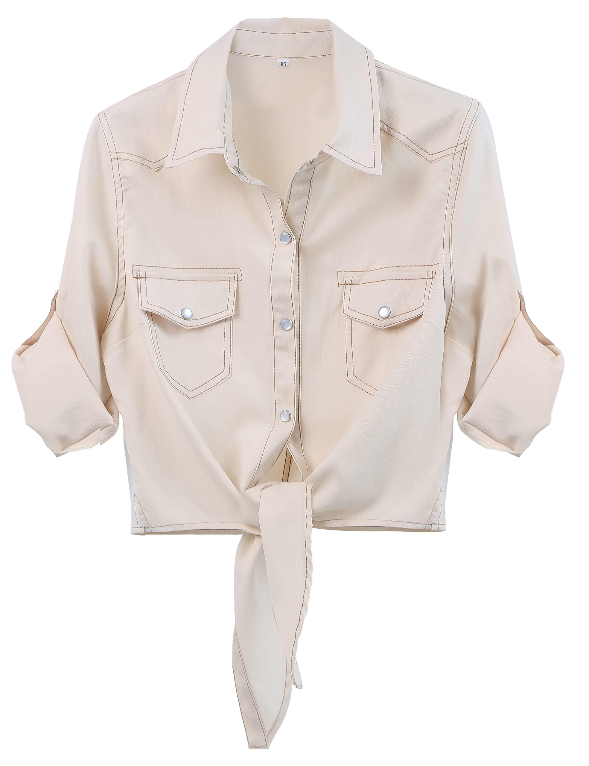SeekMe Womens Denim Shirts Tie Front Crop Top