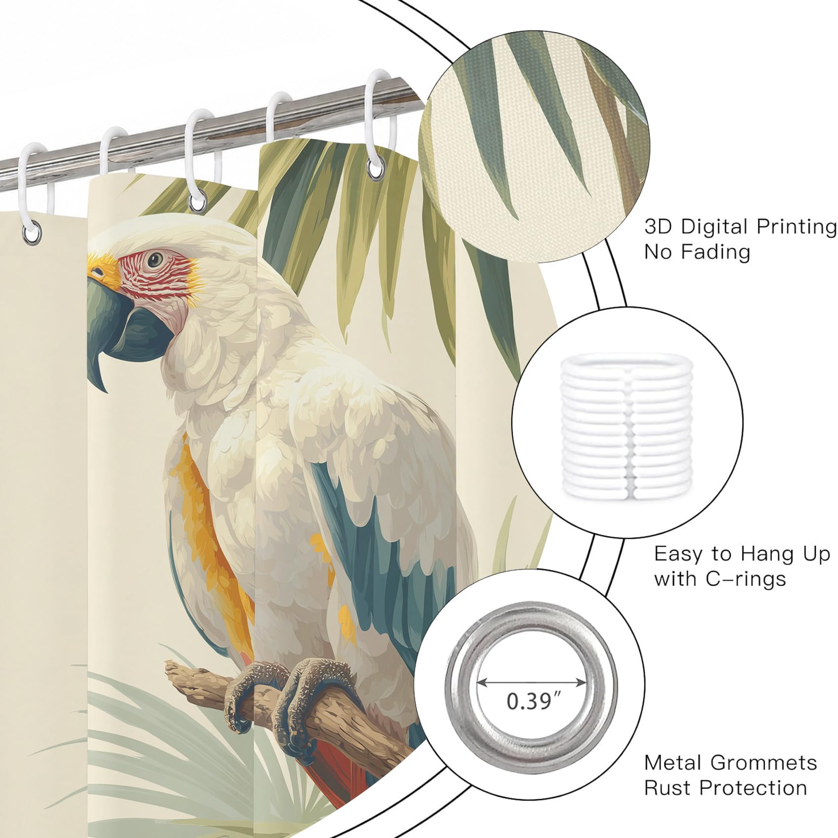Extra Breit Duschvorhang Tropischer Vogel 240x200 cm, Waschbar Duschvorhänge Dschungel Palmenblatt Papagei, Wasserabweisend Polyester Stoff mit Haken, Dekor Badezimmervorhang für Badewanne Dusche