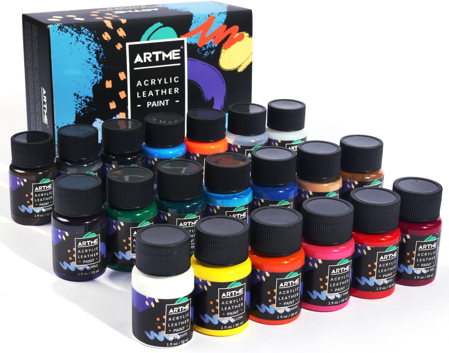 ARTME Acrylic Leather Paint Set, 20 Colors x 30ml Acrylic Leather Dye Kit Perfect for Shoes, Sneakers, Jackets, Leather Sofa, and Car Seat