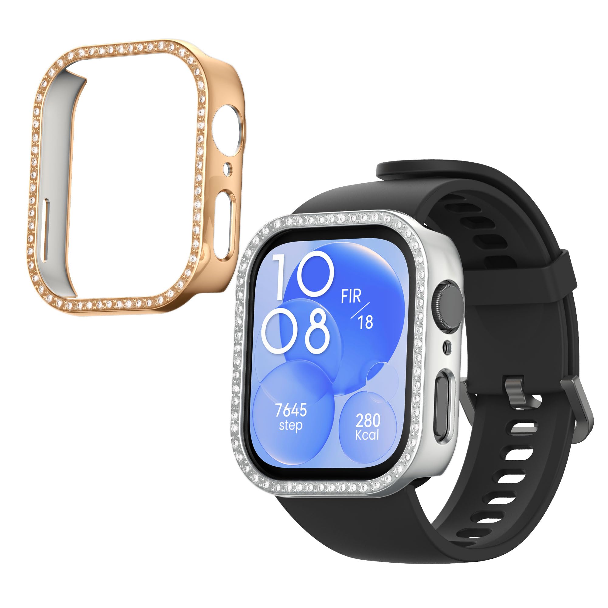 kwmobile Brokatowa osłona ramki kompatybilna z Huawei Watch Fit 3 ramka ochronna (zestaw 2 szt.) – srebrny/różowe złoto