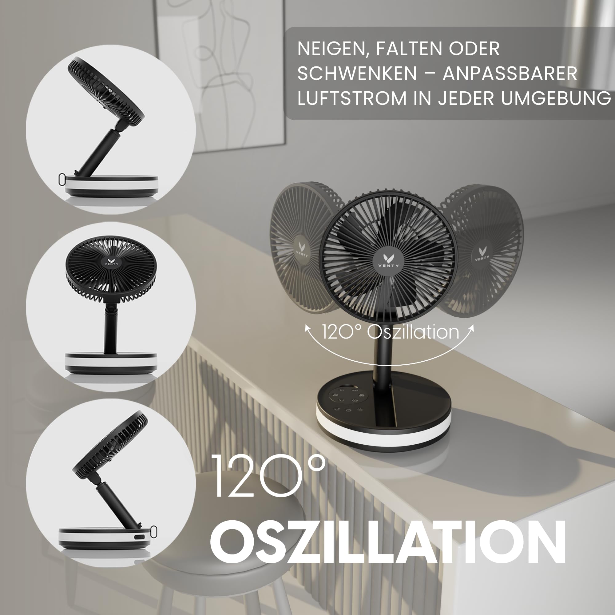 VENTY Tragbarer Ventilator - Faltbarer Ventilator Akku mit Transporttasche, Ladeanschluss und USB-Anschluss - 4 Geschwindigkeiten, Kompakt, Verstellbar - Mit LED Licht und Fernbedienung - Portable Fan