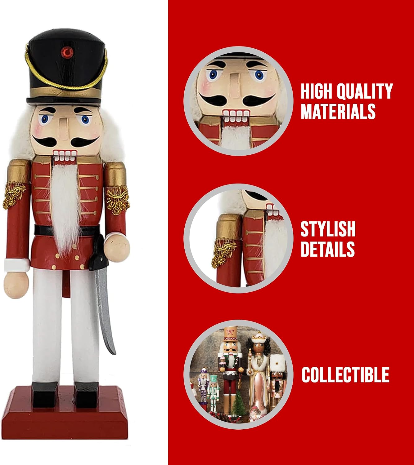 Nutcracker Ballet Gifts, Christmas Nutcracker Soldier, Wooden Figure Decoration with Traditional Uniform for Holiday Home Decor, Ideal Xmas Ornaments, Red and Gold, 10 Inch