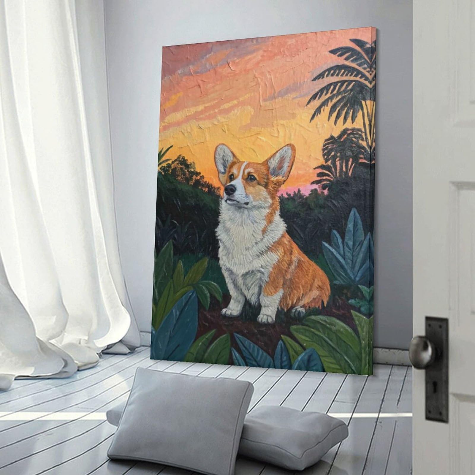 Junmoney Corgi in A Tropical Sunset Canvas Wall Picture 20x30inch(50x75cm), for Living Spaces, Bedrooms Or Relaxed Rooms, Modern Wall Decor for Cosy Interiors