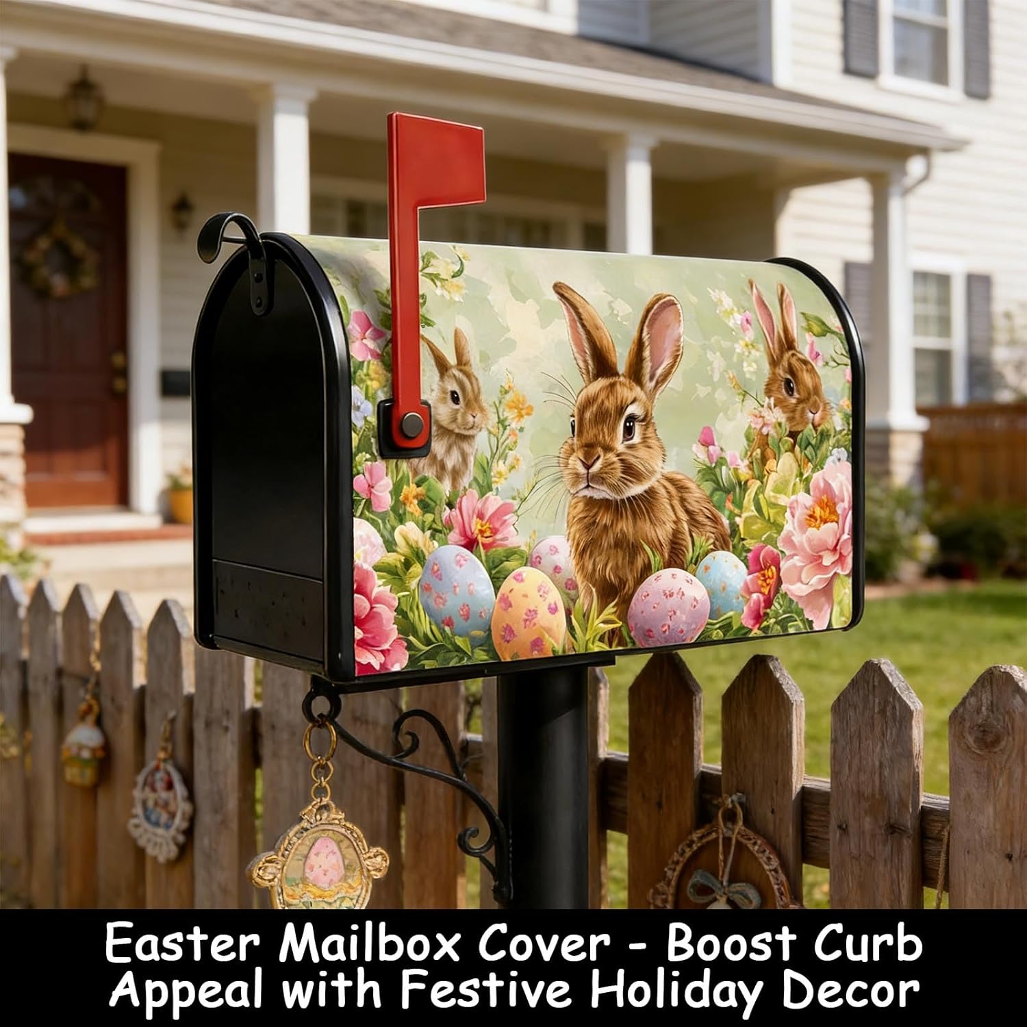 Threetols Easter Mailbox Covers Magnetic Standard Size 18 X 21 Inch, Bunny Colorful Eggs Magnetic Mailbox Covers Spring Floral Box Cover Wraps for Garden Yard Outdoor Decor