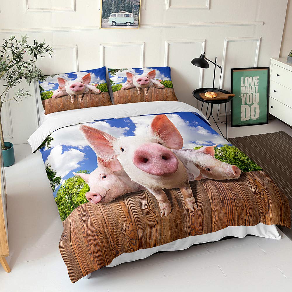 Housse de couette 220x240cm avec drap et taies Chickw1 motif cochon