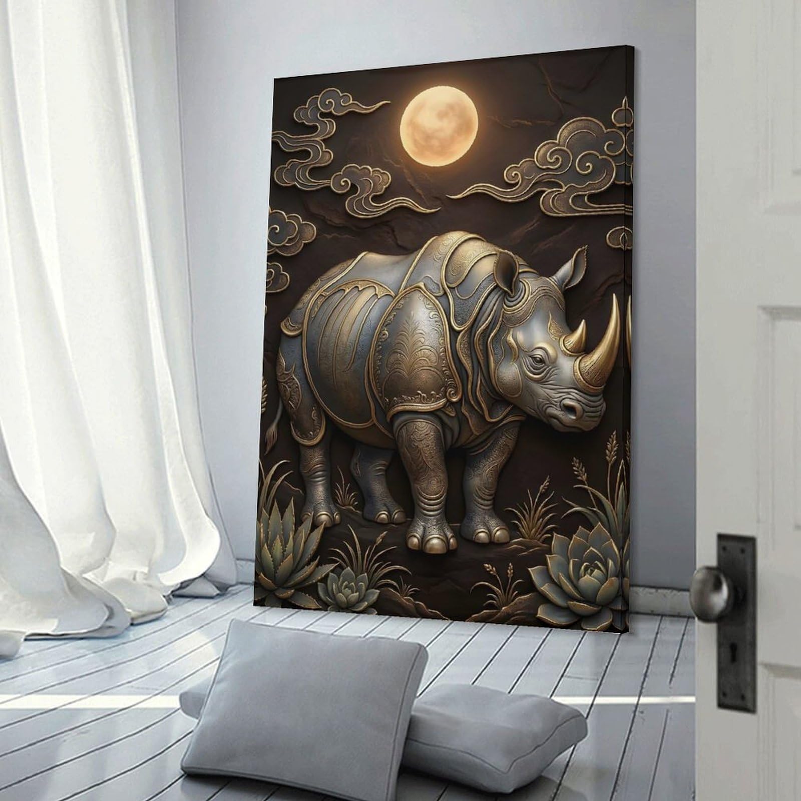 Junmoney Ornate Rhinoceros Under A Full Moon Hanging Wall Art 20x30inch(50x75cm), for New Homes, Bedrooms Or Workspaces, Thoughtful Wall Decor for Art Lovers