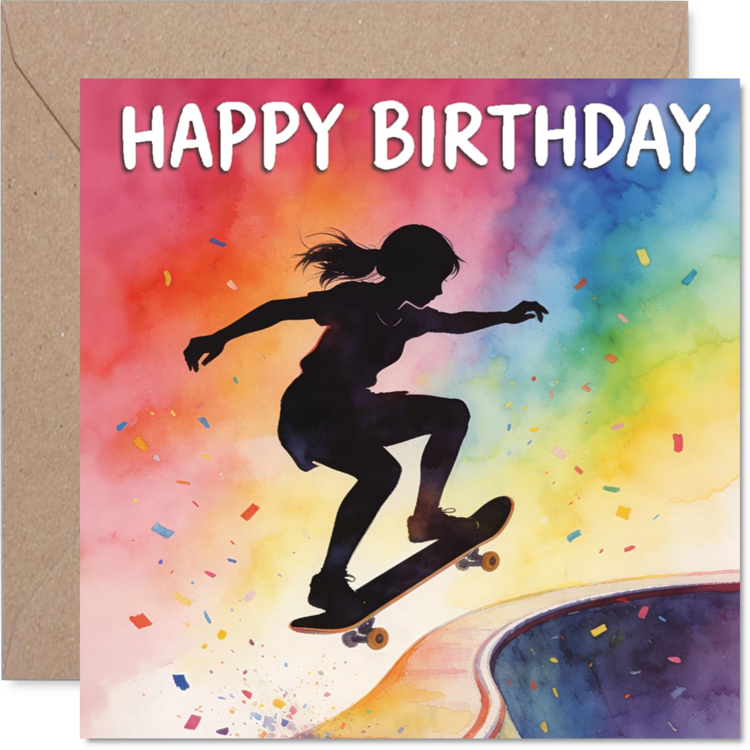 Playful Birthday Card - Bursting with Energy - Skateboarding Silhouette on a Vibrant Rainbow Backdrop - 145mm Square, Envelope Included